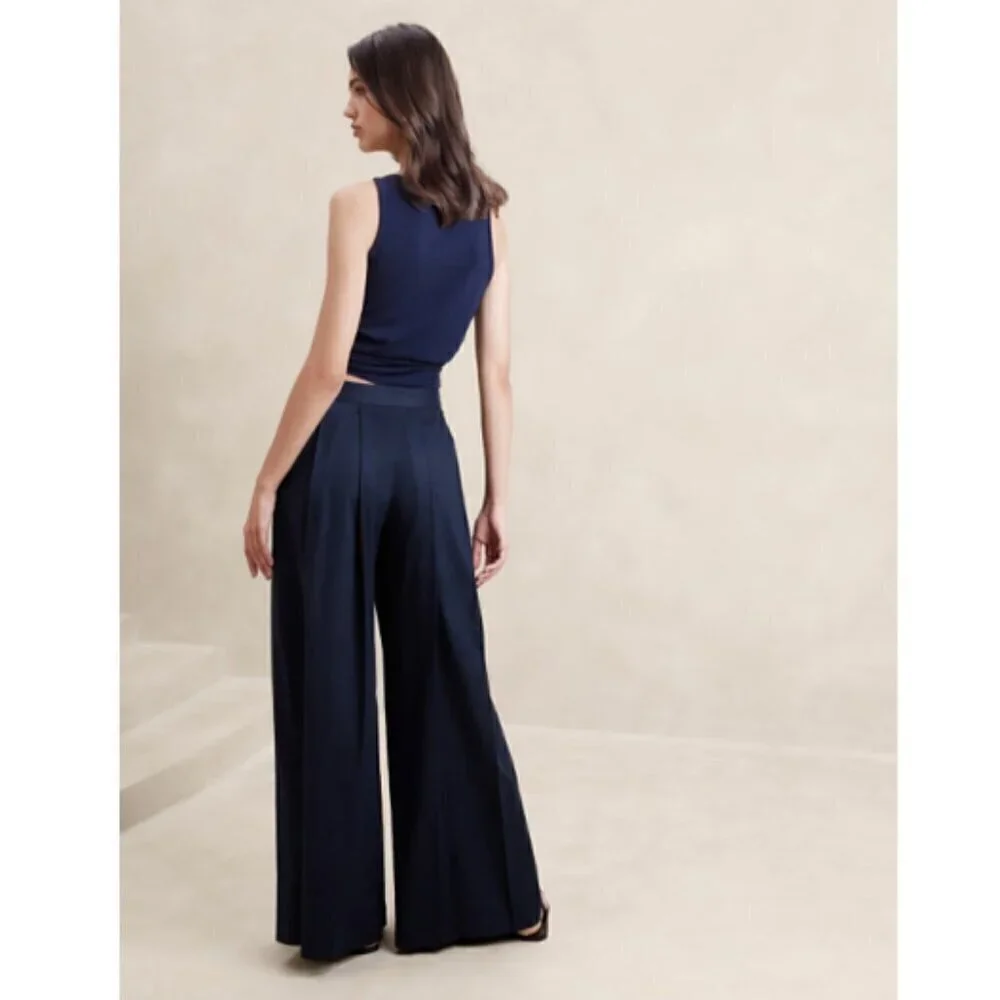 Banana Republic Linen-Blend PALAZZO Black BOHO Pleat Pants Size 6 #852050 RT$110